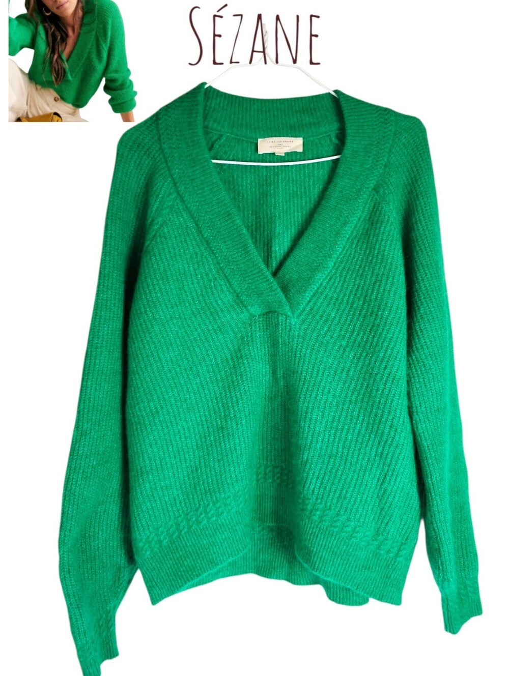 Sezane Cody Jumper Green Vert Vif Polo Plunge V-Neck Alpaca Mohair Sweater Small